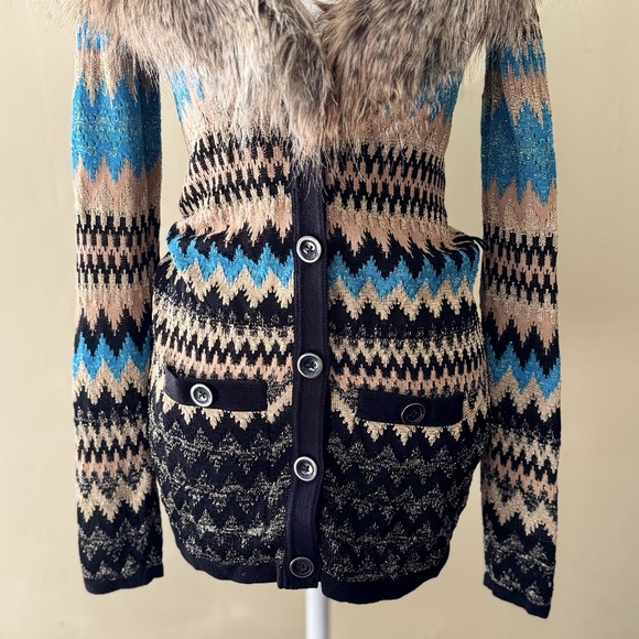 Cache VTG Womens Faux Fur Collar Chevron Cardigan XS Multicolor Glitter Y2K Glam - Picture 3 of 6